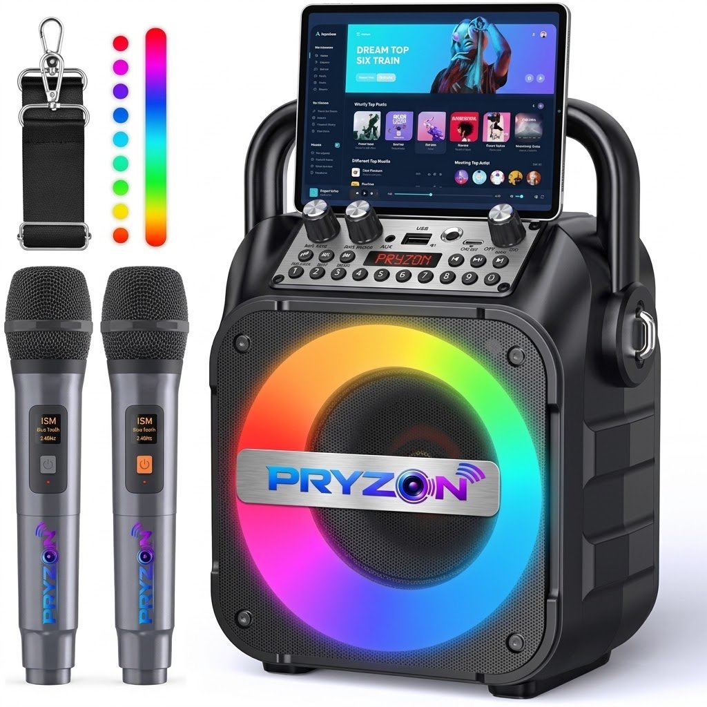 Pryzon Heavy-Duty Portable Bluetooth Karaoke Speaker System with Dual Wireless Microphones & Shoulder Strap